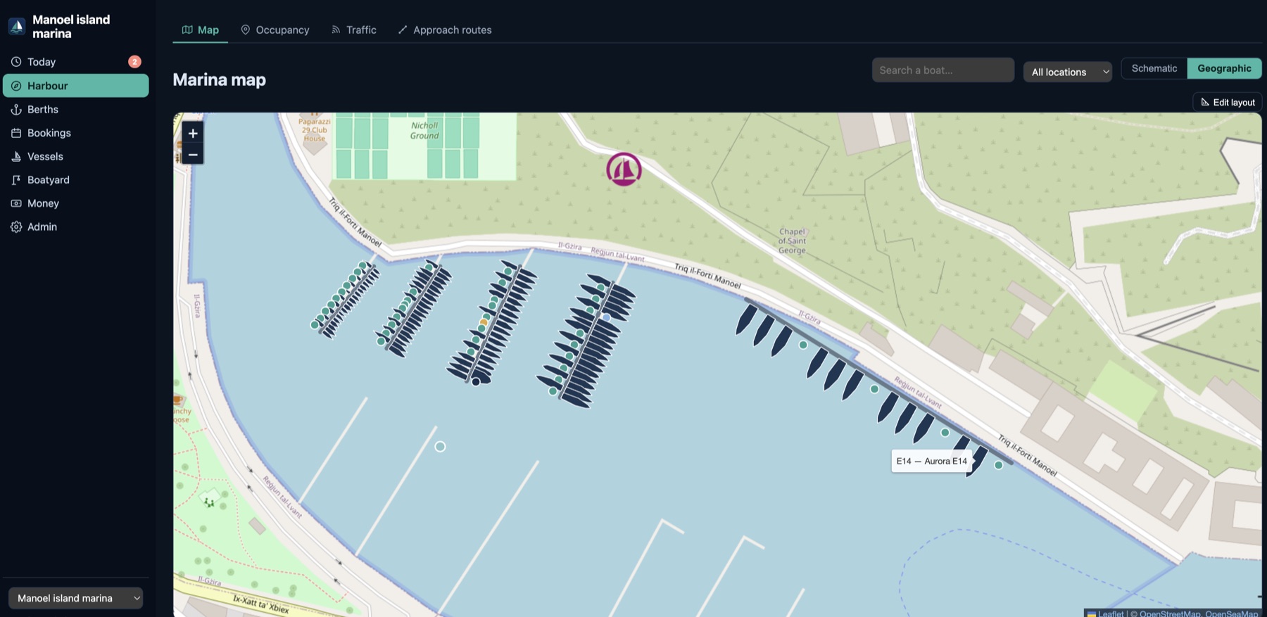 The navdeck marina map: pontoons and berths drawn over a real chart of the harbour, each berth a coloured dot showing whether it is occupied, free or reserved.